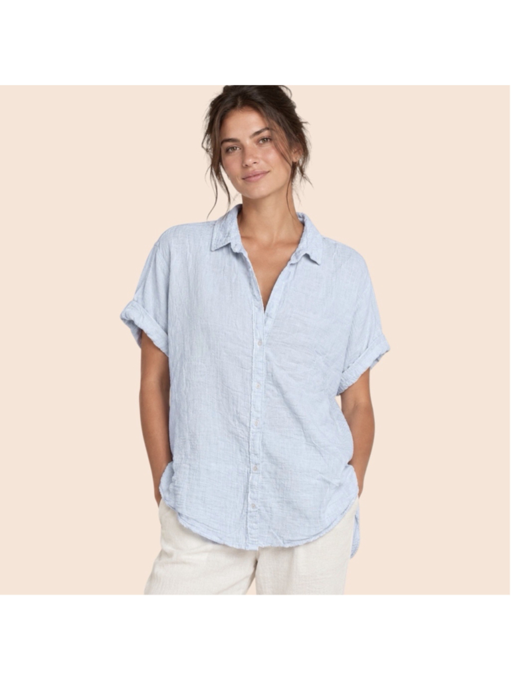 PACT Women Light Blue Cotton Coastal Double Gauze Button Up Oversized Shirt S